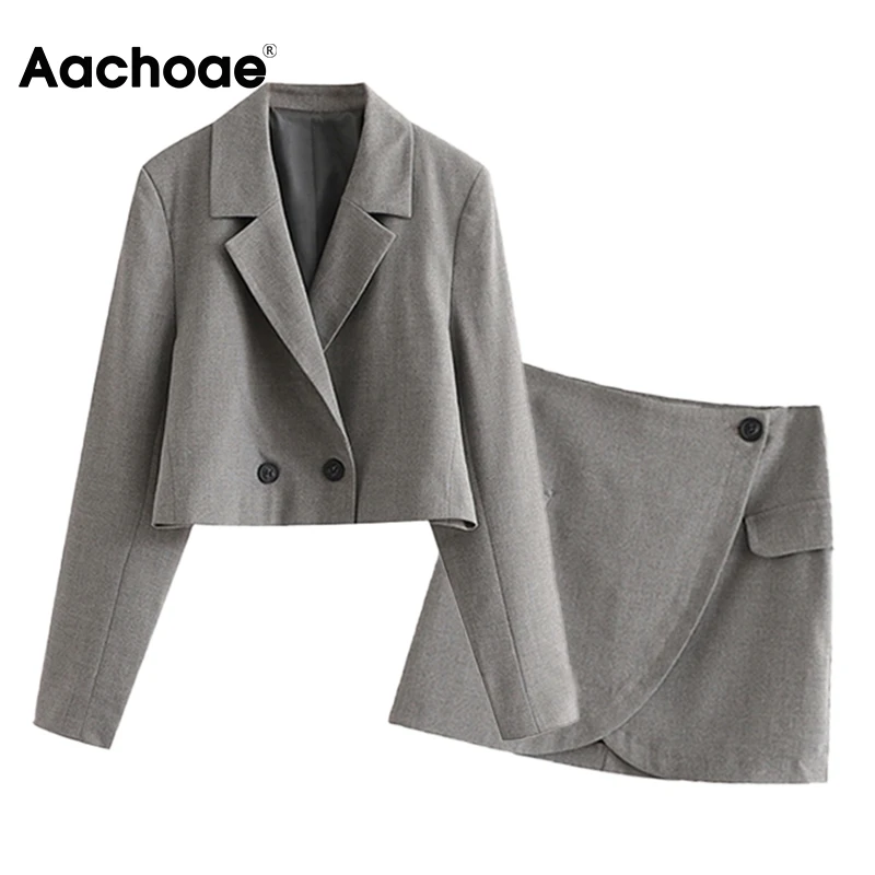

Женский комплект из 2-х предметов Aachoae, укороченный пиджак с отложным воротником и длинным рукавом, костюмы с трапециевидной мини-юбкой с выс...