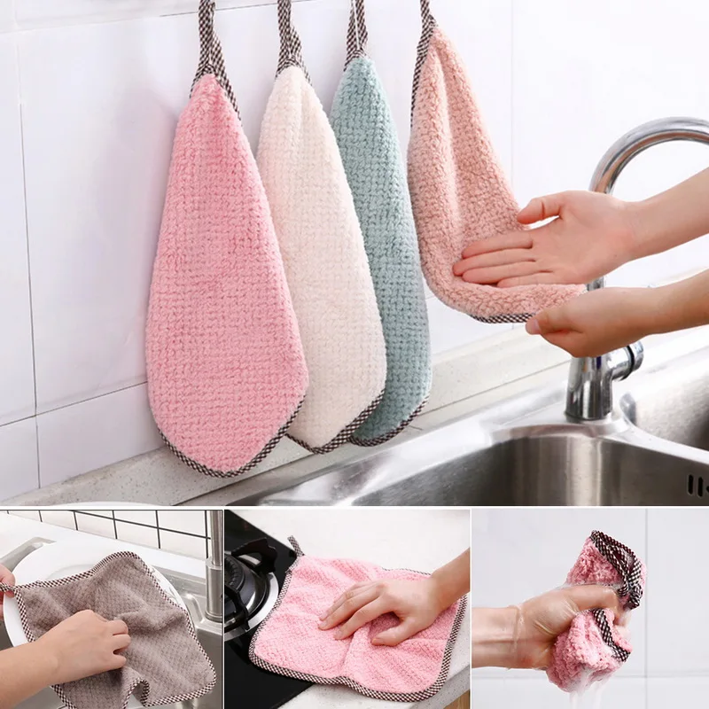 

Kitchen Cleaning Towel Hanging Anti-Grease Wipes Coral Fleece Hand Towel Rag obrus i runner i serwetka For Home Bathroom Clean