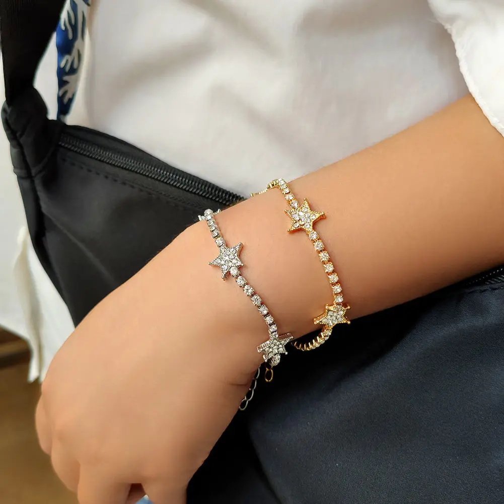 

Boho Punk Metal Crystal Star Chain Bracelet Bangle Women Men Bling Full Rhinestone Heart Tennis Chain Bracelets Couple Jewelry
