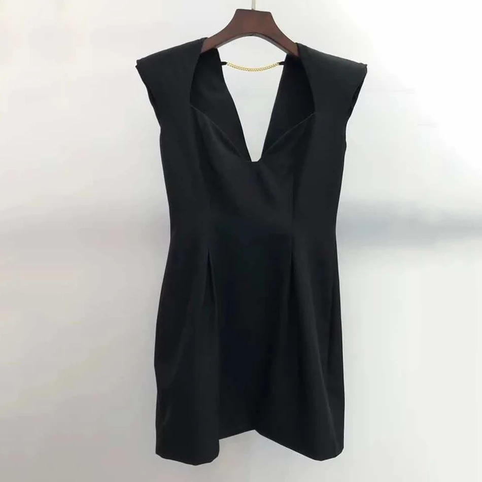 

Elegant OL Women Dress Black Sexy V-neck Sleeveless High Waist Slim Evening Party Mini Vestidos 2020 Fashion New Female Clothing