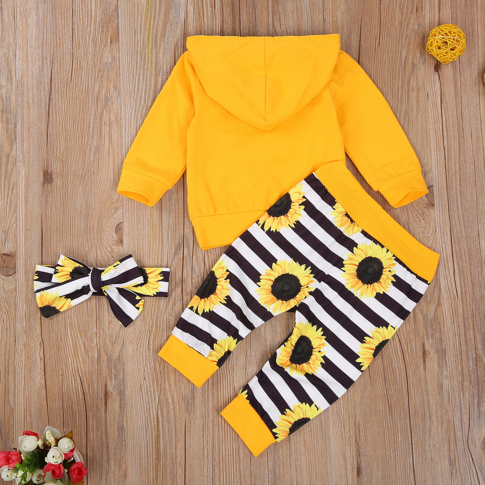 

2020 New Fall Autumn 0-24M Infant Baby Girl 3Pcs Set Yellow Sunflower Stripe Print Hooded Long Sleeve Front Pocket Top+Pants+Bow