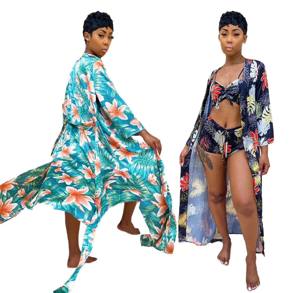 

Summer Sexy Print 3 Pcs Bikinis Swimsuits Camis Crop Top Shorts Long Cardigan Beach Bathing Suits Push Up Swimwear Fashion Suit