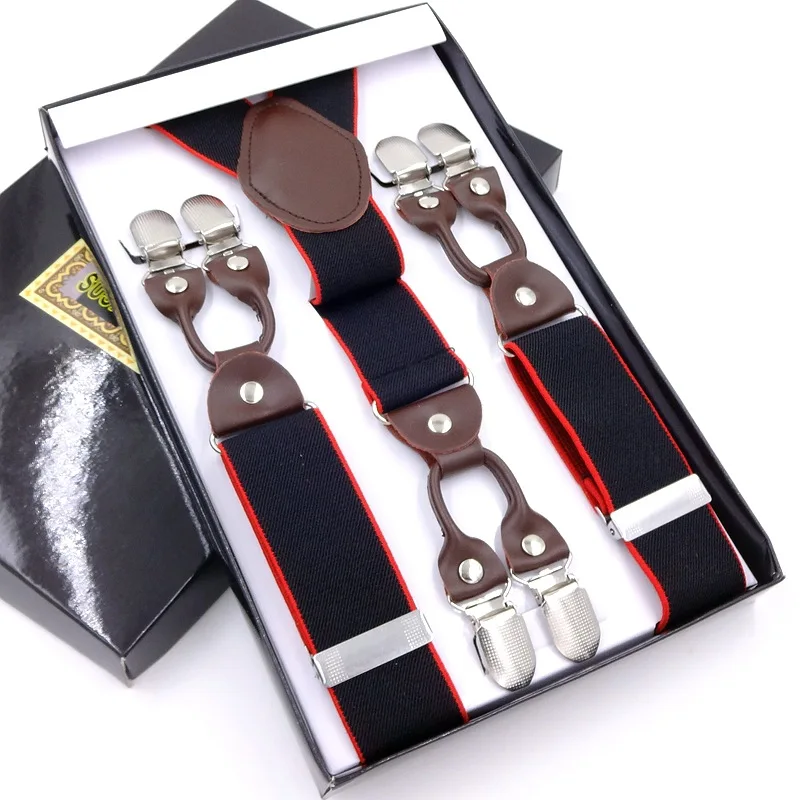 

3.5* 115cm Men's Suspenders Casual Fashion Unisex Braces Elegant Brown Leather Shirt Suspenders Adjustable 6 Clip Belt Strap