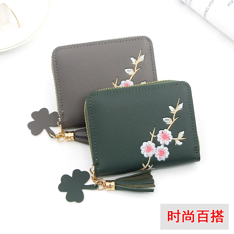 2021 new Korean version of short women's wallet, women's hand embroidery, money clip, zipper, little girl's zero wallet card bag