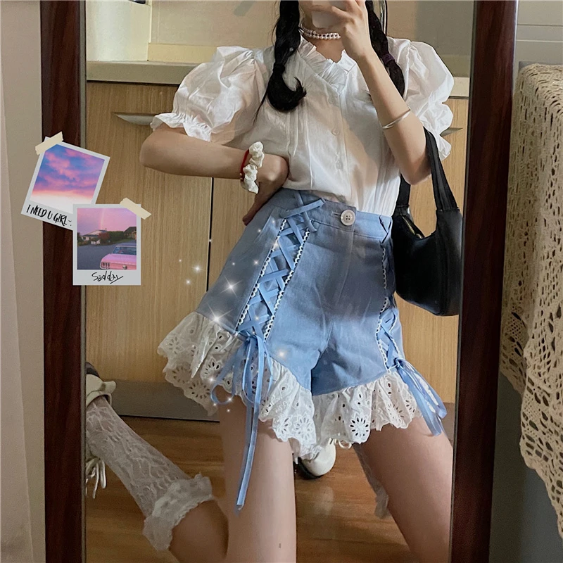 

2021 Japanese Harajuku Summer Women 2 Pcs Set White Ruffled Collar Blouse+Blue Bandage Lace Ruffles Shorts Cute Kawaii Outfits