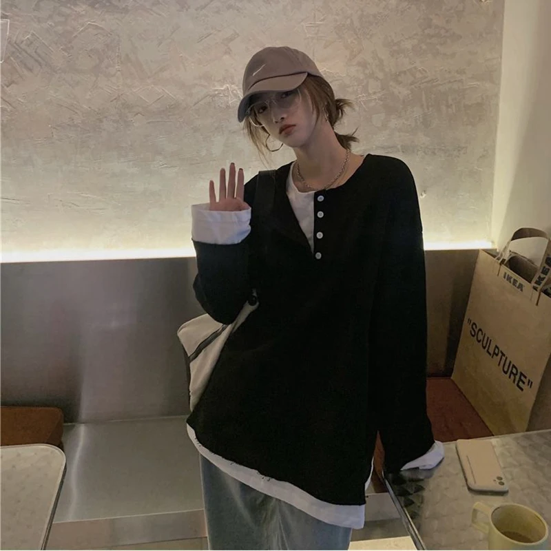 

Cotton Long Sleeve Women T Shirts Loose Fall Fake Two Korean Fashion Thin Long Sleeve Basic Pulovers Casual Oversized Black Grey