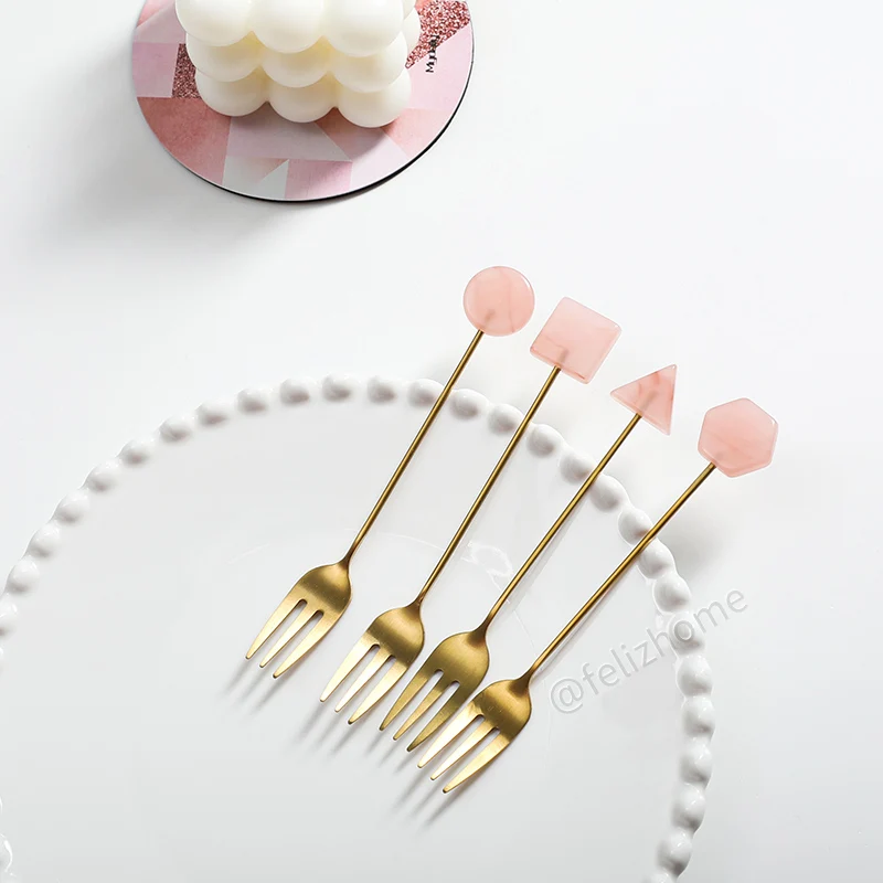 

Golden Stainless Steel Fork/Spoon Set for Coffee/Dessert/Mixing with Pink Geometric Handle Korea Style Long Spork Kits