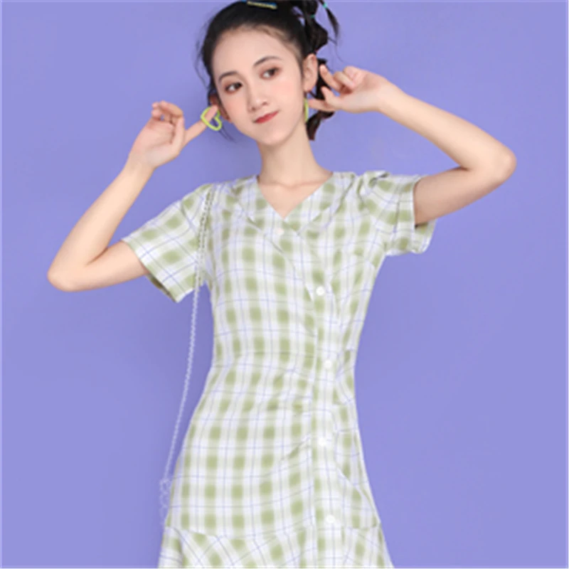 

Women Temperament Plaid Dresses Korean Fashion Fishtail Dress Summer Sexy Spaghetti Short Sleeve Dress Y403