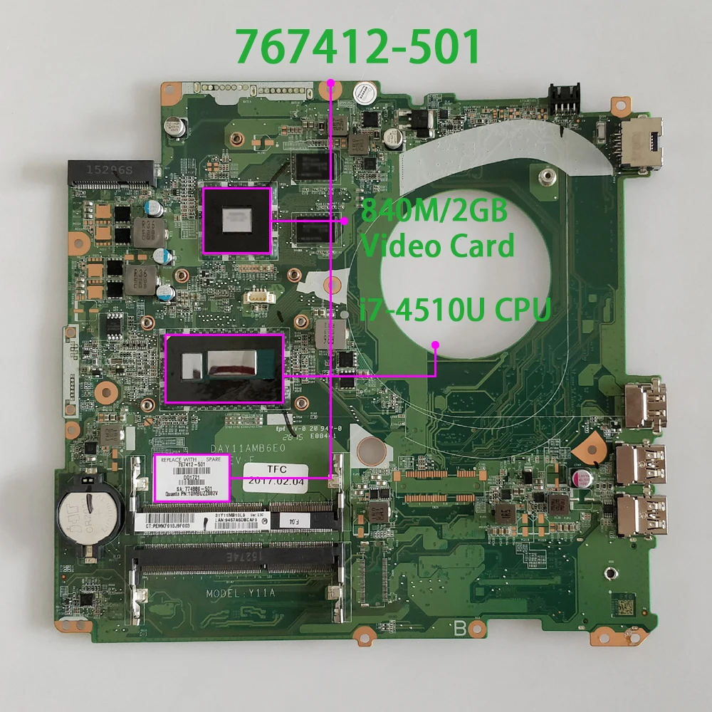 

Genuine 767412-501 767412-001 DAY11AMB6E0 w 840M/2GB GPU w i7-4510U CPU Laptop Motherboard for HP PAVILION 17T-F000 NoteBook PC