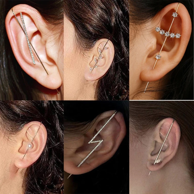 

9Pcs Golden Ear Cuff Wrap Crawler Hook Earrings Rhinestone Piercing Unique Long Earring Hypoallergenic Stud Earrings Set