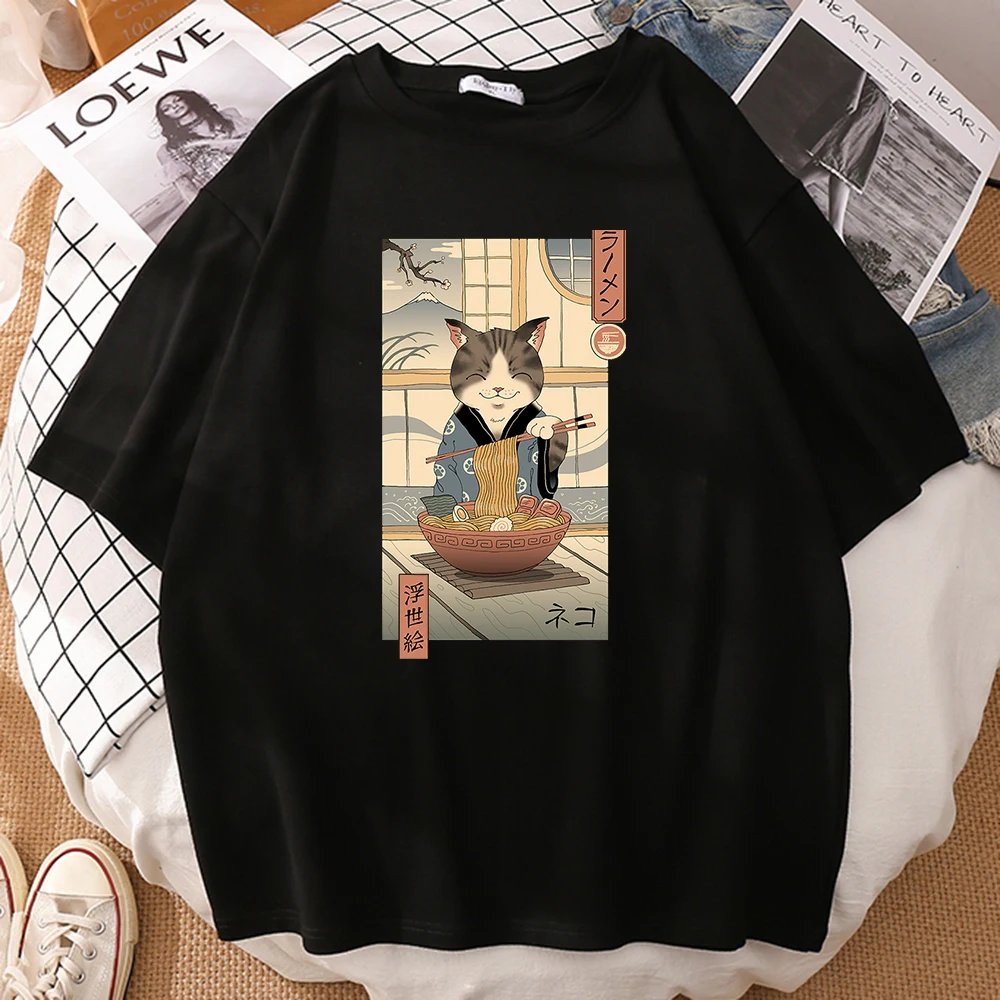

Cat Eating Ramen Ukiyo-E Prints Male T Shirt Cool S-Xxxl Tshirts Creativity Casual T Shirts Oversized Mens Short Sleeve