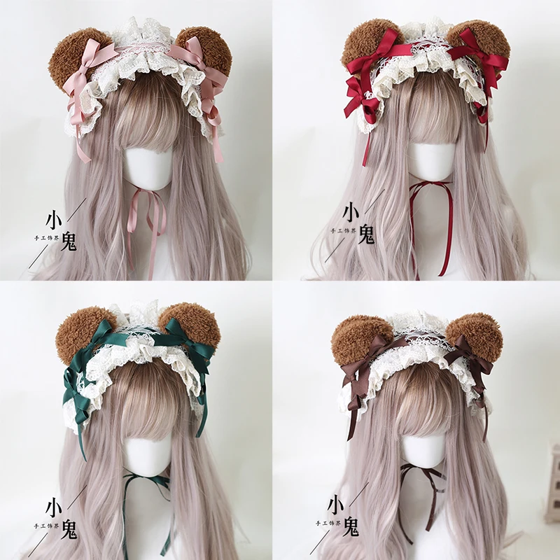 

Ободок для волос ручной работы в японском стиле Kawaii Lolita для девочек, с медвежьими ушками kc, коричневый, кружевной, головной убор бант, аксесс...