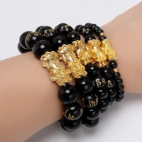 handmade alloy obsidian stone beads bracelet men women unisex wristband gold black pixiu wealth and good luck women bracelet