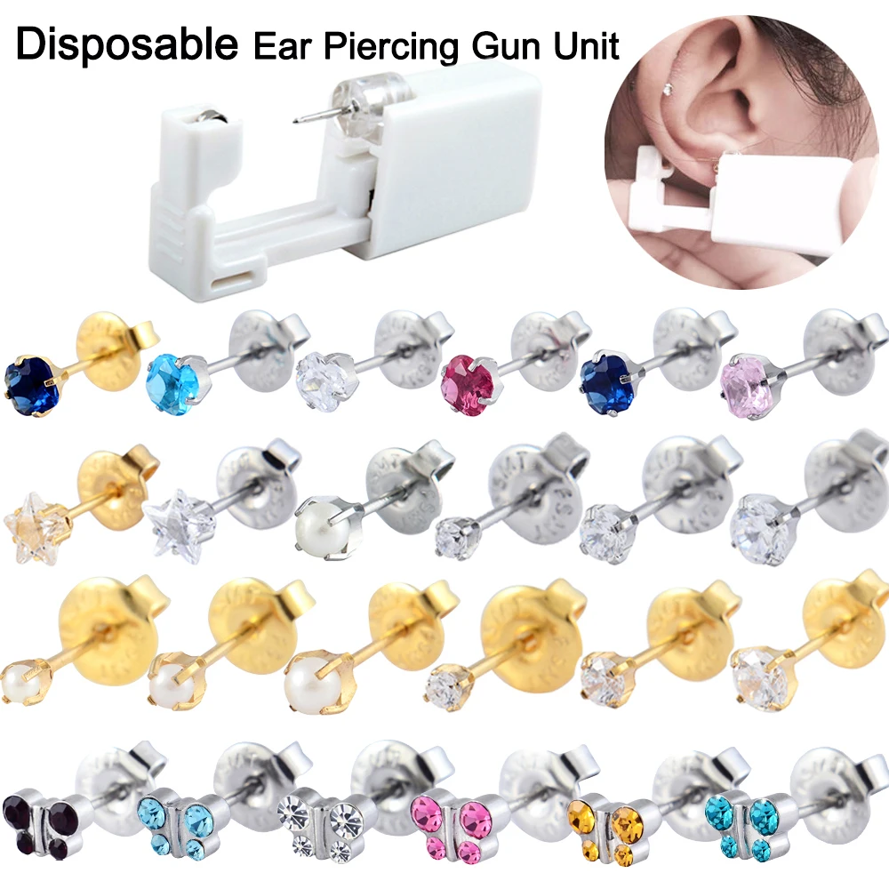 

1PC Disposable Sterilized Ear Piercing Gun Unit Pearl Zircon 24K Gold Plated Surgical Steel Ear Studs Cartilage Tragus Puncture
