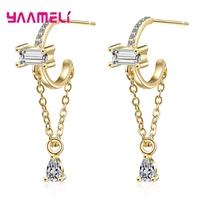 new design tassel geometric clear zircon gold color 925 sterling silver hanging drop earrings for women ladies earrings