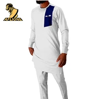 african clothes for men rich bazin bicolor style splicing crew neck robe long sleeve traditional top and pants contracted set