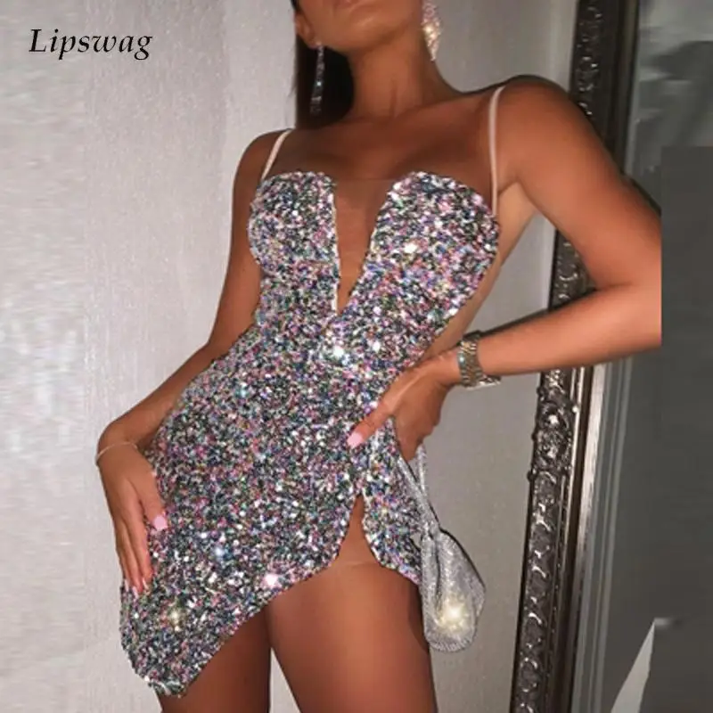 

Сексуальные мини-платья на бретельках с глубоким V-образным вырезом, элегантное Сетчатое вечернее платье вечерние рукавов с разрезом, женск...