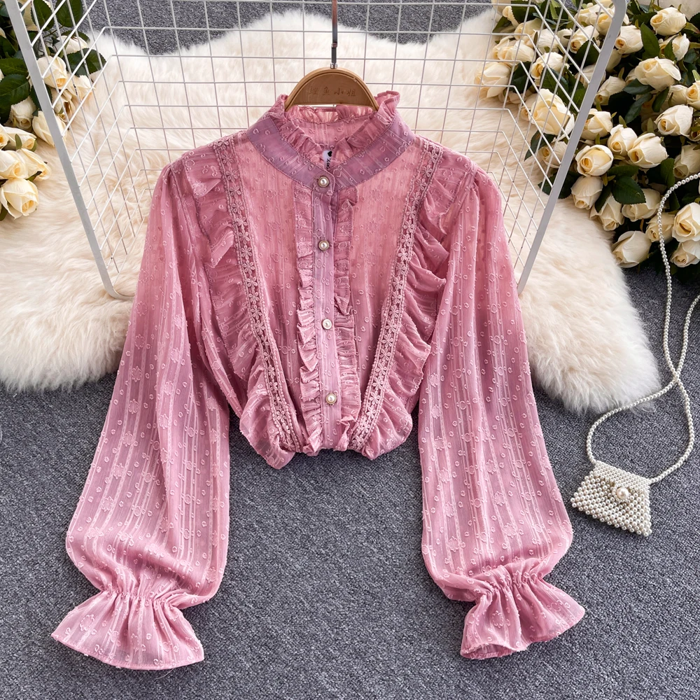 

Women Layered Ruffle Lace Blouse Autumn Lolita Stand Collar Lantern Petal Long Sleeve Loose Blusas Ropa De Mujer Oversized New