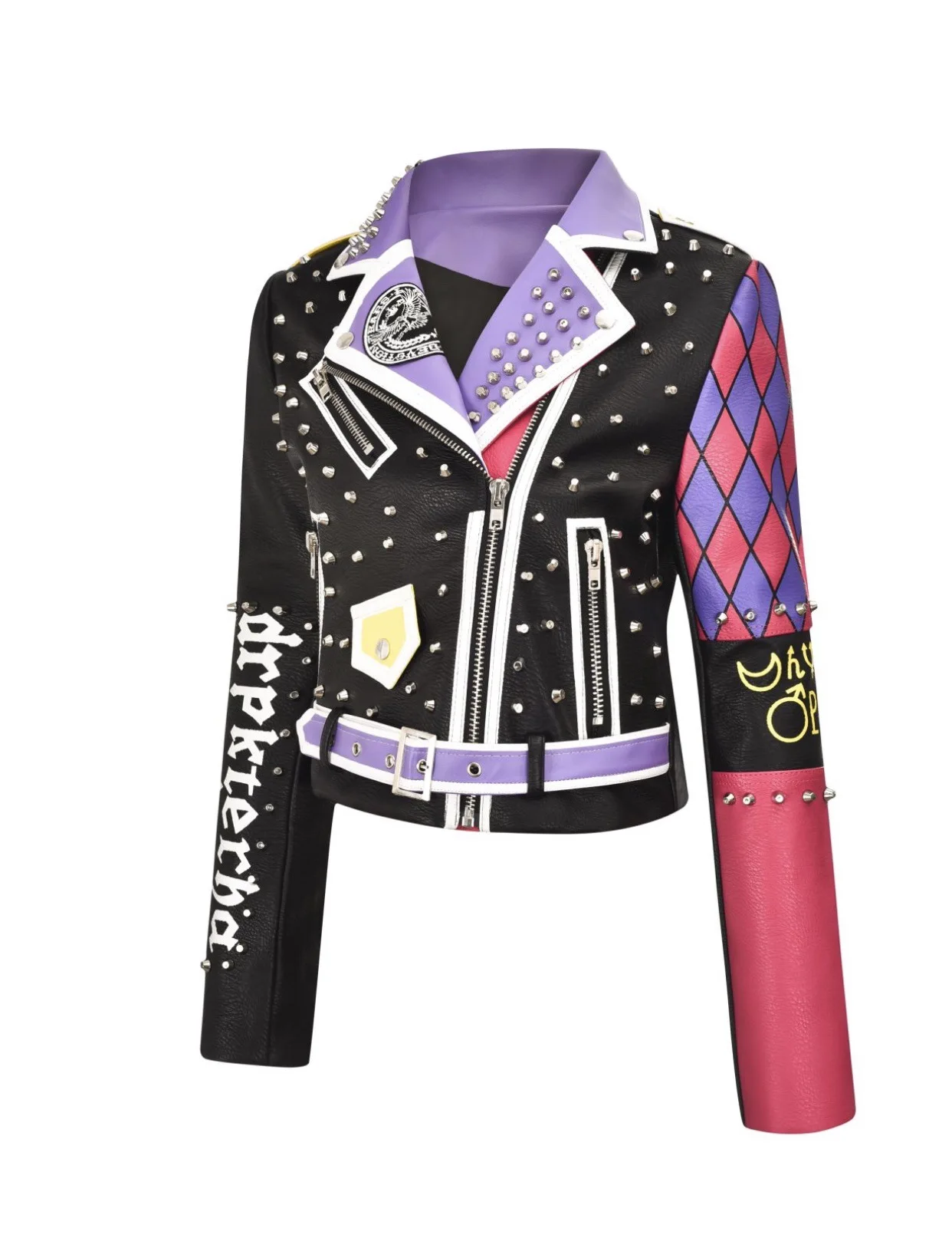 202 autumn new Harajuku personality letters hit color printing rivets short street leather jacket women's clothing