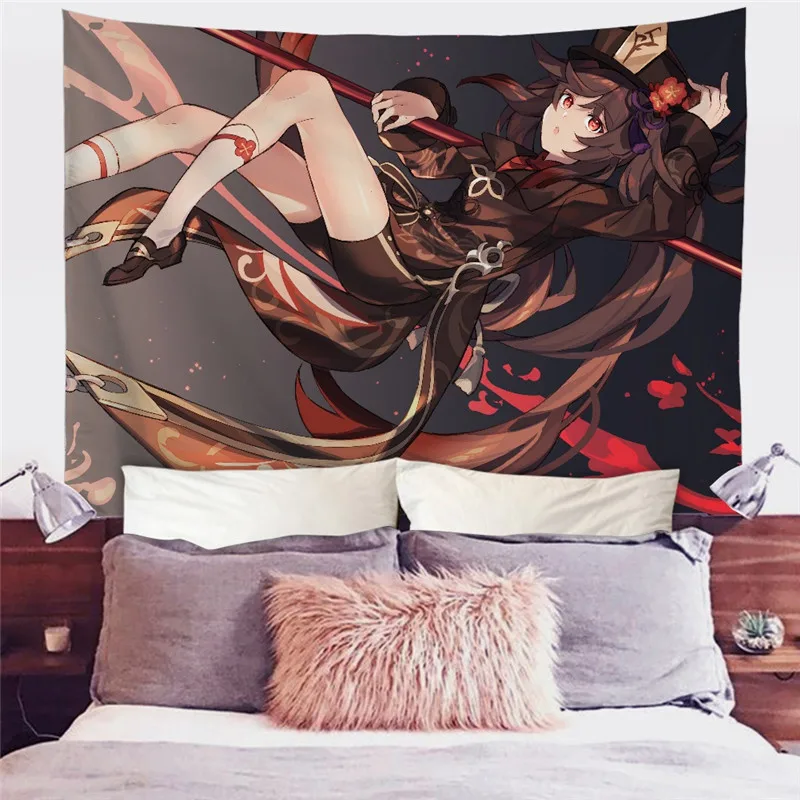 

Kawaii Hutao Print Genshin Impact Wall Hanging Tapestry 2021 New Anime Style Home Decor Large Size Living Room Decoration tapiz
