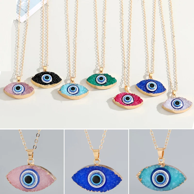 

Turkish Blue Evil Eye Mixed Color Geometric Resin Pendant Link Chain Necklace For Women Men Lucky Jewelry