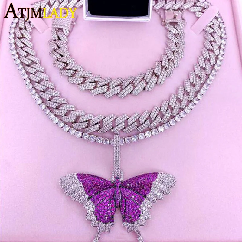 

5mm CZ Tennis Chain Rose Pink CZ Butterfly Necklace High Quality Iced Out Sparking Bling Butterfly Choker Hiphop Women jewelry