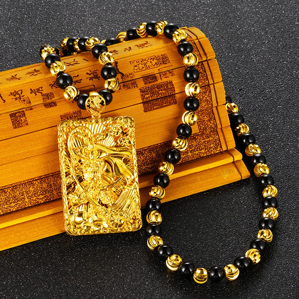 

Buddhism Blessing Dragon hand-carved Pendant Necklaces for Women Men obsidian beads real 24K gold Domineering necklace jewelry