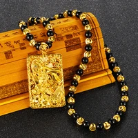 buddhism blessing dragon hand carved pendant necklaces for women men obsidian beads real 24k gold domineering necklace jewelry