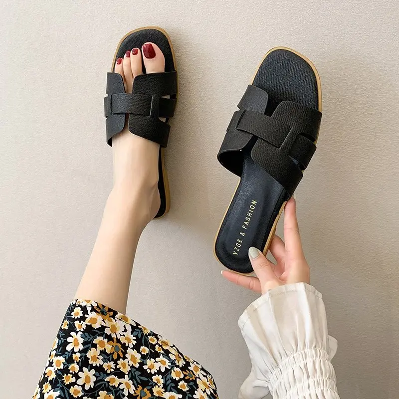

Summer Shoes Women Sandals Peep Toe Outside Slides Solid Black Flat Beach Shoes Comfortable Fashion Female Sandal Woman Footwear