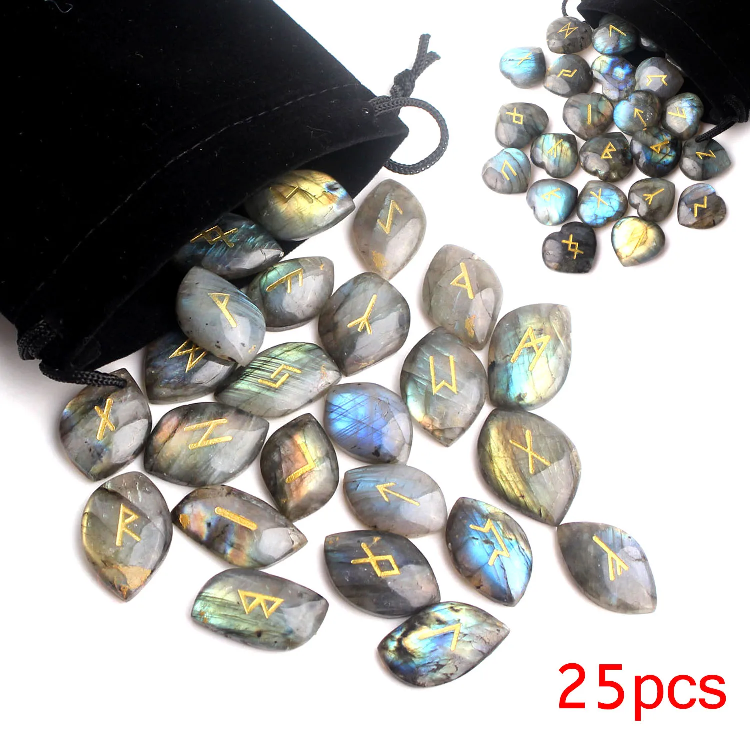 

25Pcs High Quality Natural Heart Labradorite Crystal Runes Stones Divination Crystals Fortune-telling Reiki Healing Gift Decor