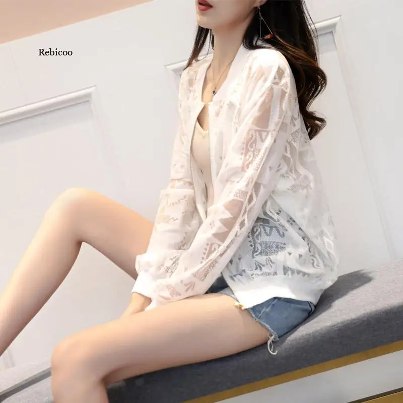 

Women's Basic Jacket Long Sleeve Lace Panel Transparent Zipper Casual Slim Jacket Bomber Jacket