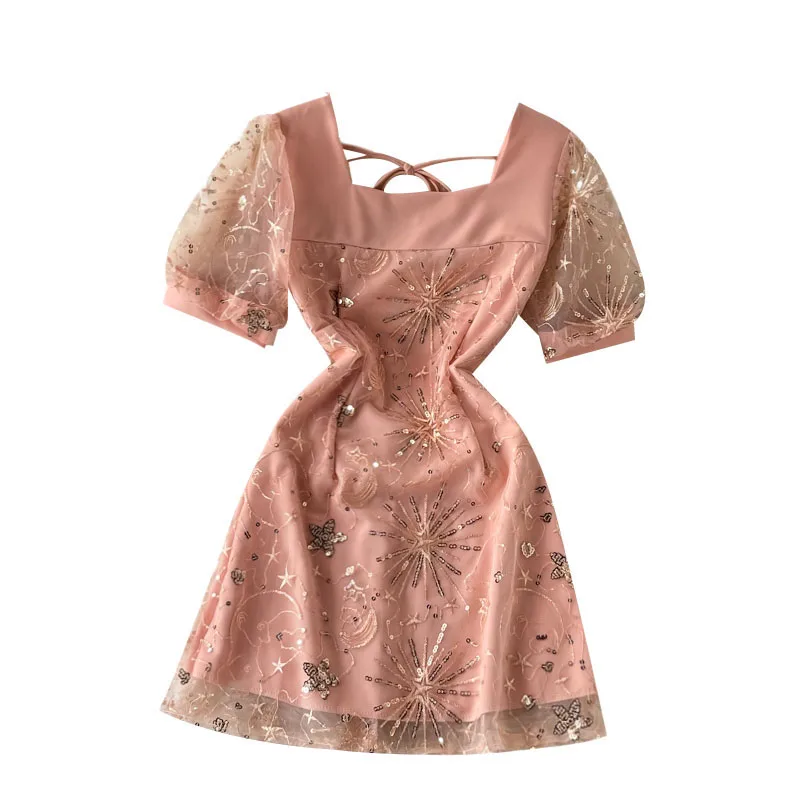 

French High Pink Evening Party Sweet Mini Short Dress Female 2021 Summer Elegant Sequin Short Sleeve Dress Robe Femme Ete