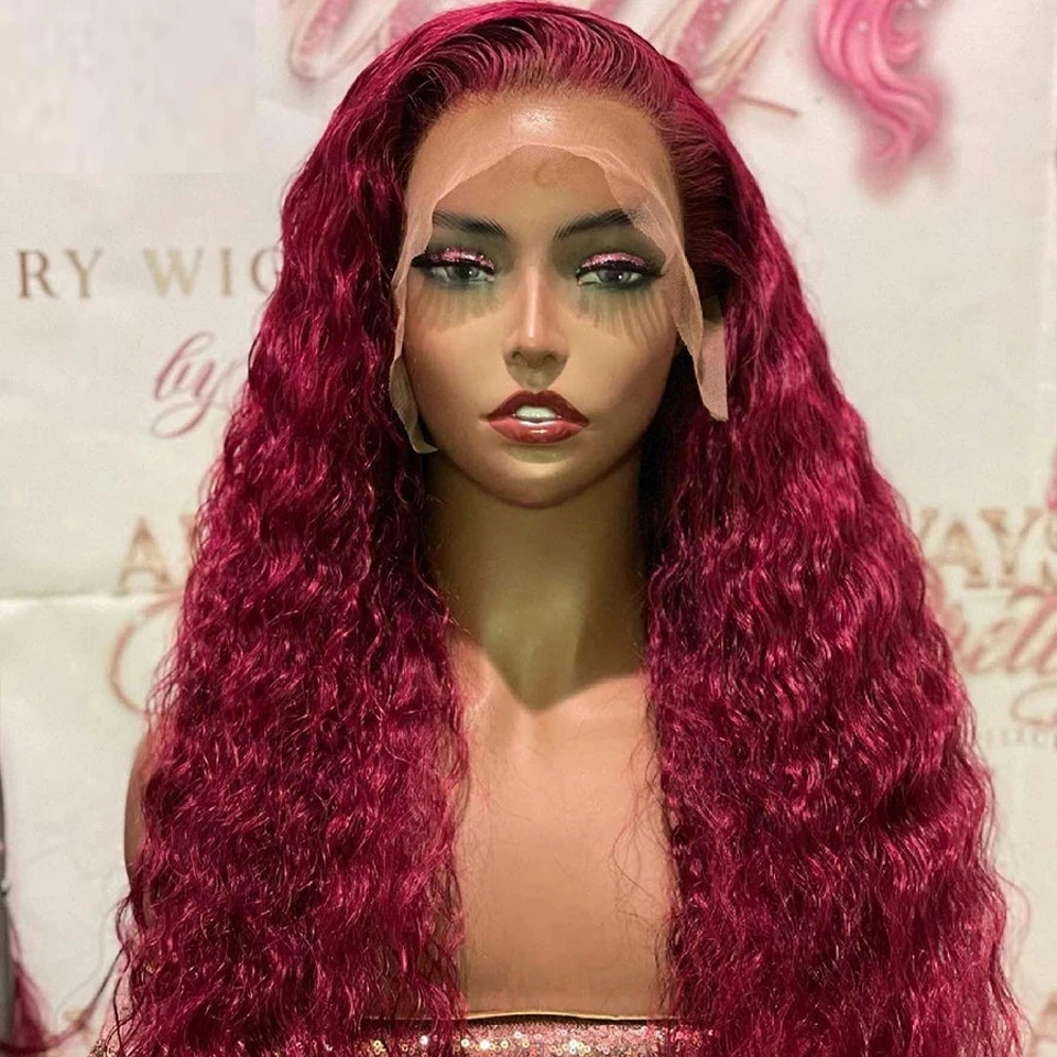 

Wine Red 26Inch Water Wave Glueless 99J Lace Front Hair Wig Blonde Color Synthetic Frontal Wig Plucked Daily Fiber Wig