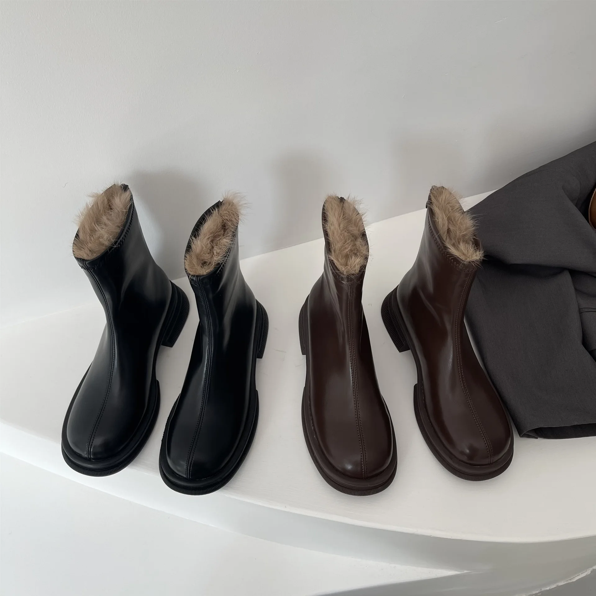 

Women's Mid Calf Boots Boots-Women Chelsea Zipper Female Shoes Round Toe Low Mid-Calf 2021 Ladies Rubber Flock Rome Fabric Retr