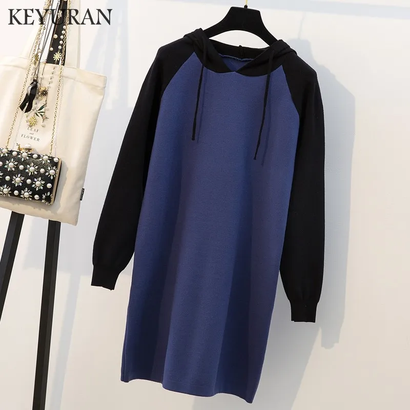 Осень Зима 4XL женское трикотажное лоскутное платье с капюшоном 2019 Свободный