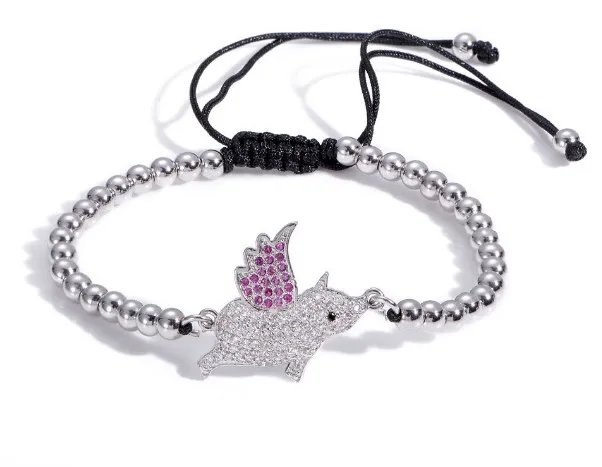 Браслет Летающая Свинья с кристаллом микро-паве из фианита браслет Регулируемый