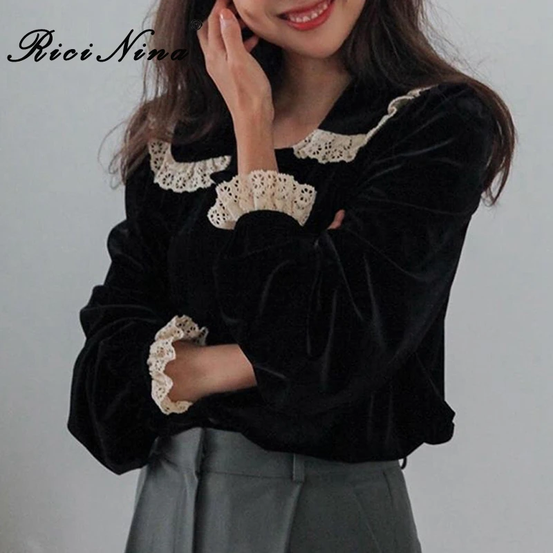 RICININA винтажная женская блузка длинный рукав кружево бархат пэчворк шикарные