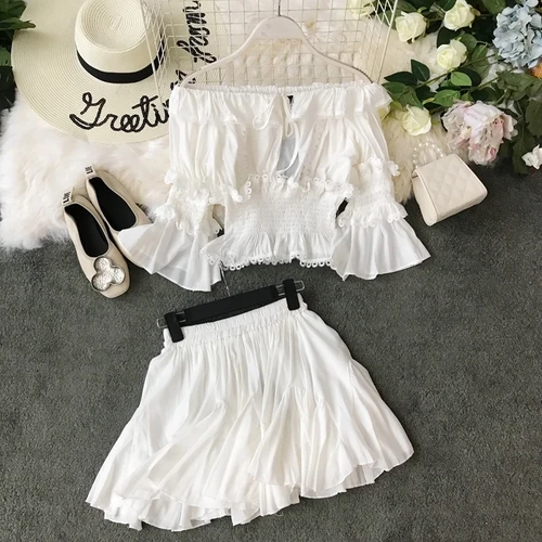 Женский комплект из двух предметов кружевной топ на одно плечо и приталенная