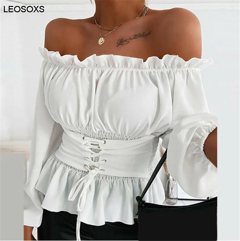 

Vetement Femme 2021 Летняя мода застежкой-молнией на спине, с длинным рукавом с кружевным гофрированным воротником Женская рубашка блузка для женщи...