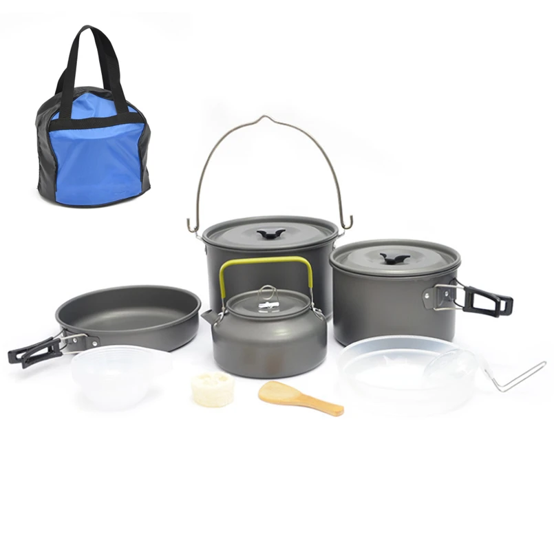 

Outdoor Camping Cookware Kit Portable Cooking Utensils Tableware Aluminum Hanging Pot+Frying Pan+Teapot For 5~8 People Picnic