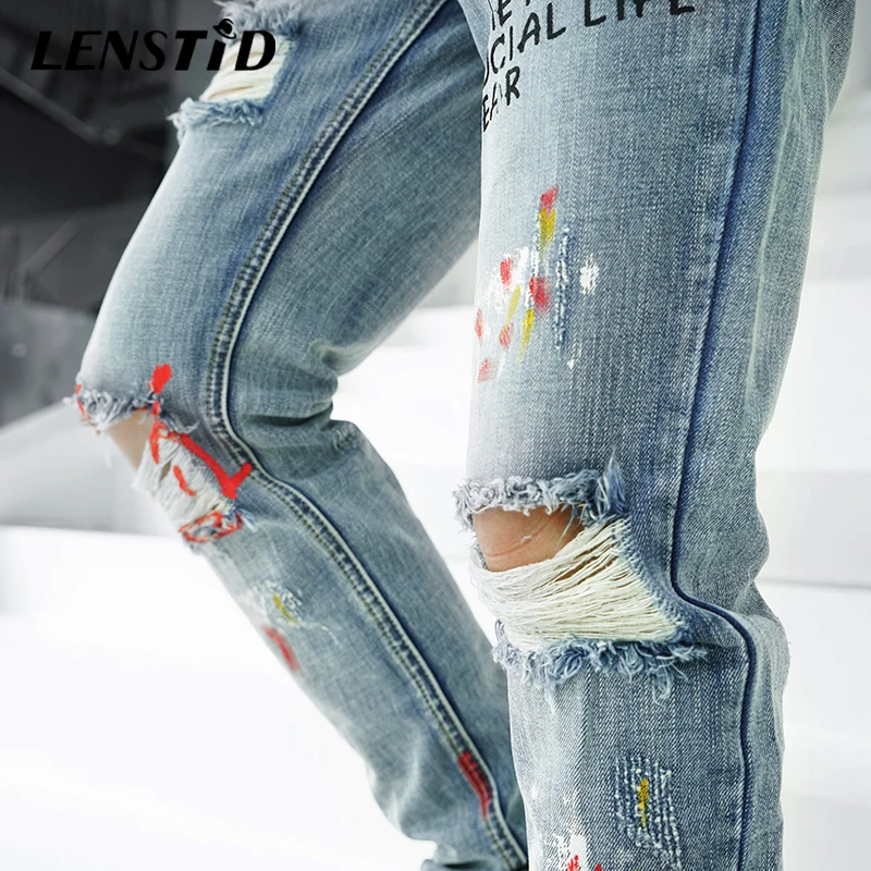 Джинсы LENSTID мужские рваные с надписью уличная одежда в стиле хип хоп джинсы из