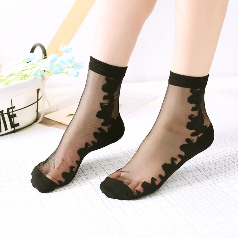 5 pairs/lot New style Quality Socks thin Soft cotton Socks Black transparent spring summer socks cotton bottom silk socks
