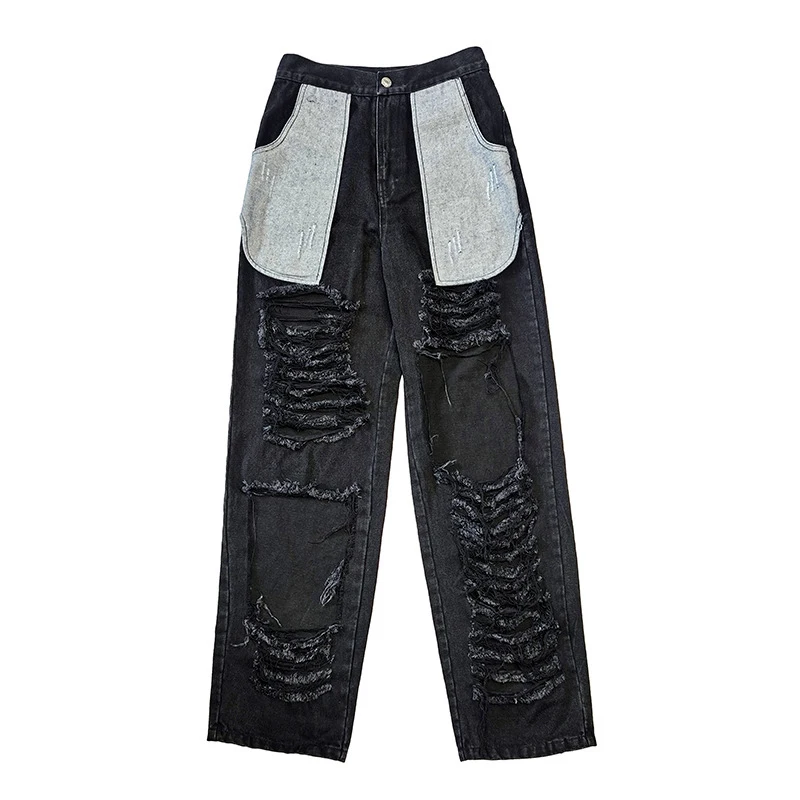 

[EAM] High Waist Elastic Burrs Hole Pocket Casual Wide Leg Jeans New Loose Women Trousers Fashion Spring Autumn 2021 1DD8122