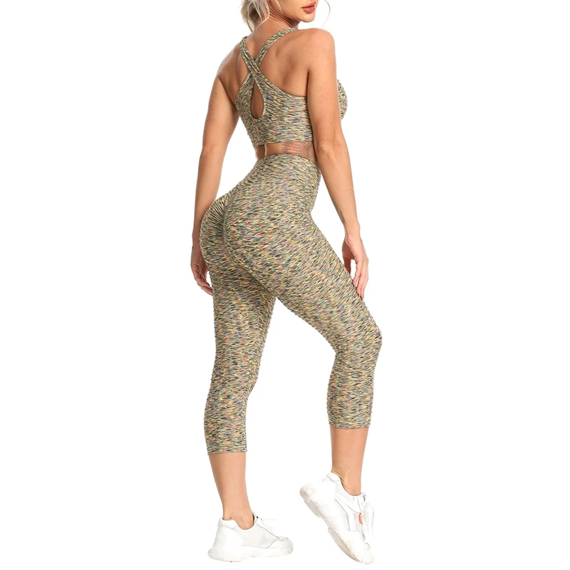 

Women Jacquard Hip-raising Cropped Trousers Bubble Push Up Exercise Fitness Solid Color High Waist Ladies Yoga Pants