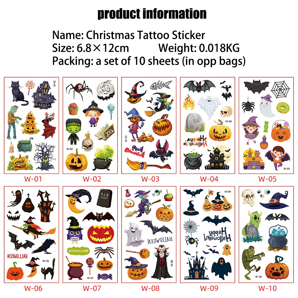 

Halloween theme Tattoo Sticker Cartoon temporary waterproof tattoos for children Body Art Halloween Sticker 10 sheets