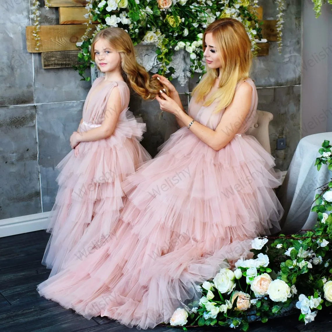 Милое розовое Тюлевое платье для мамы и я пышная ярусная Женская детская Тюлевая