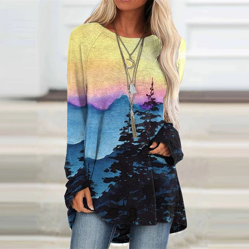 

Autumn Casual Fashion Women O Neck Landscape Print T-shirt Loose Long Sleeves Pullover Basic Female Elegant Vintage Long Top New
