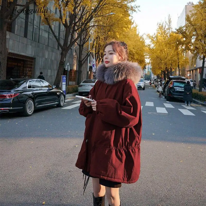 

New Women Waterproof Bomber Parka Fluffy Fur Coat Winter Jacket Women men mede Fox Fur Collar Hood Warm Thick Outerwear