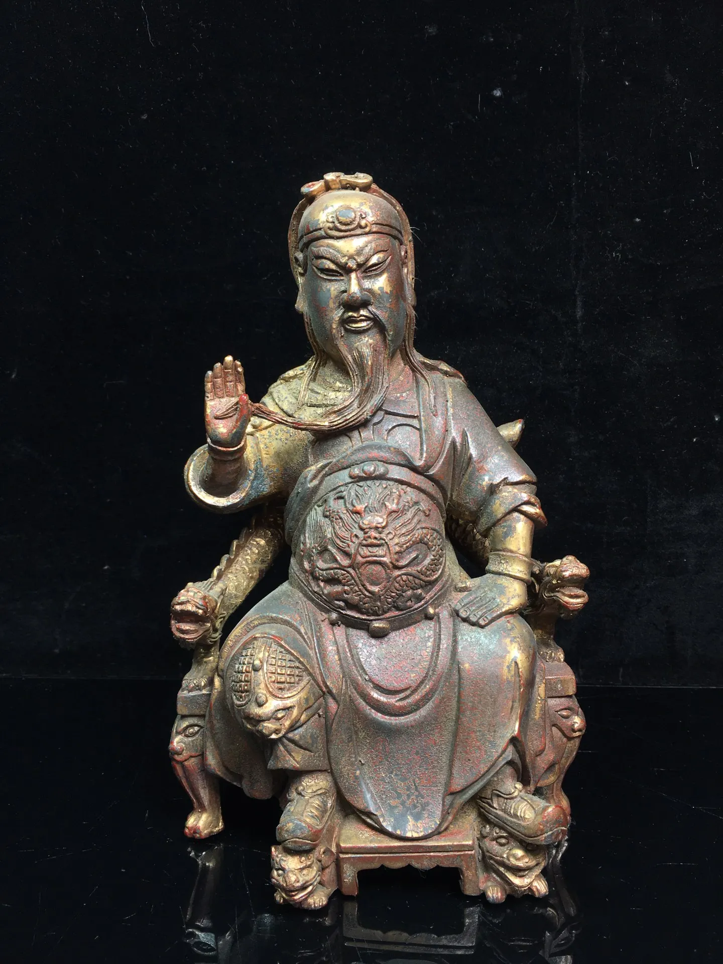 

9"Tibet Temple Collection Old Bronze Lacquer Cinnabar Guan Yu Wu Caishen Guan Yu Sitting Buddha Enshrine the Buddha Town House