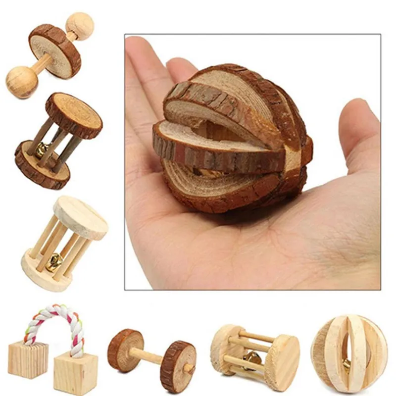 

Cute Natural Wooden Rabbits Toys Pine Dumbells Unicycle Bell Roller Chew Toys for Guinea Pigs Rat Small Pet Molars Supplies